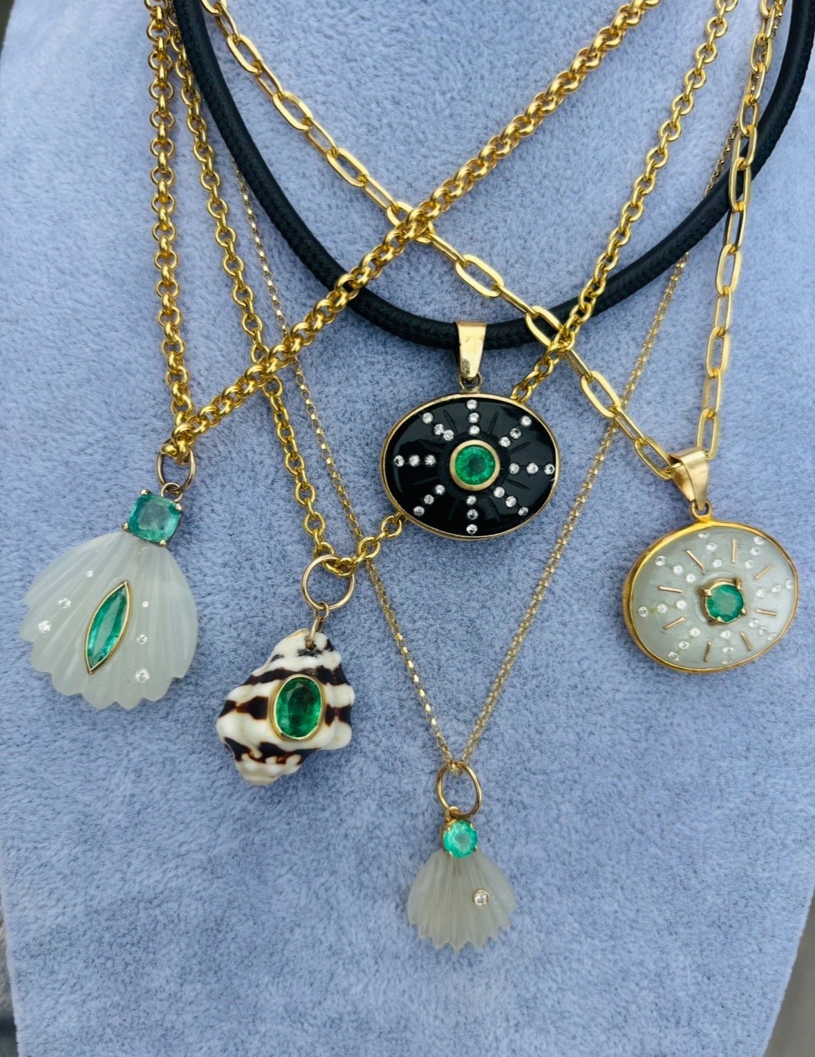 Sea Shell Pendant, Moonstone, Emeralds & Diamonds