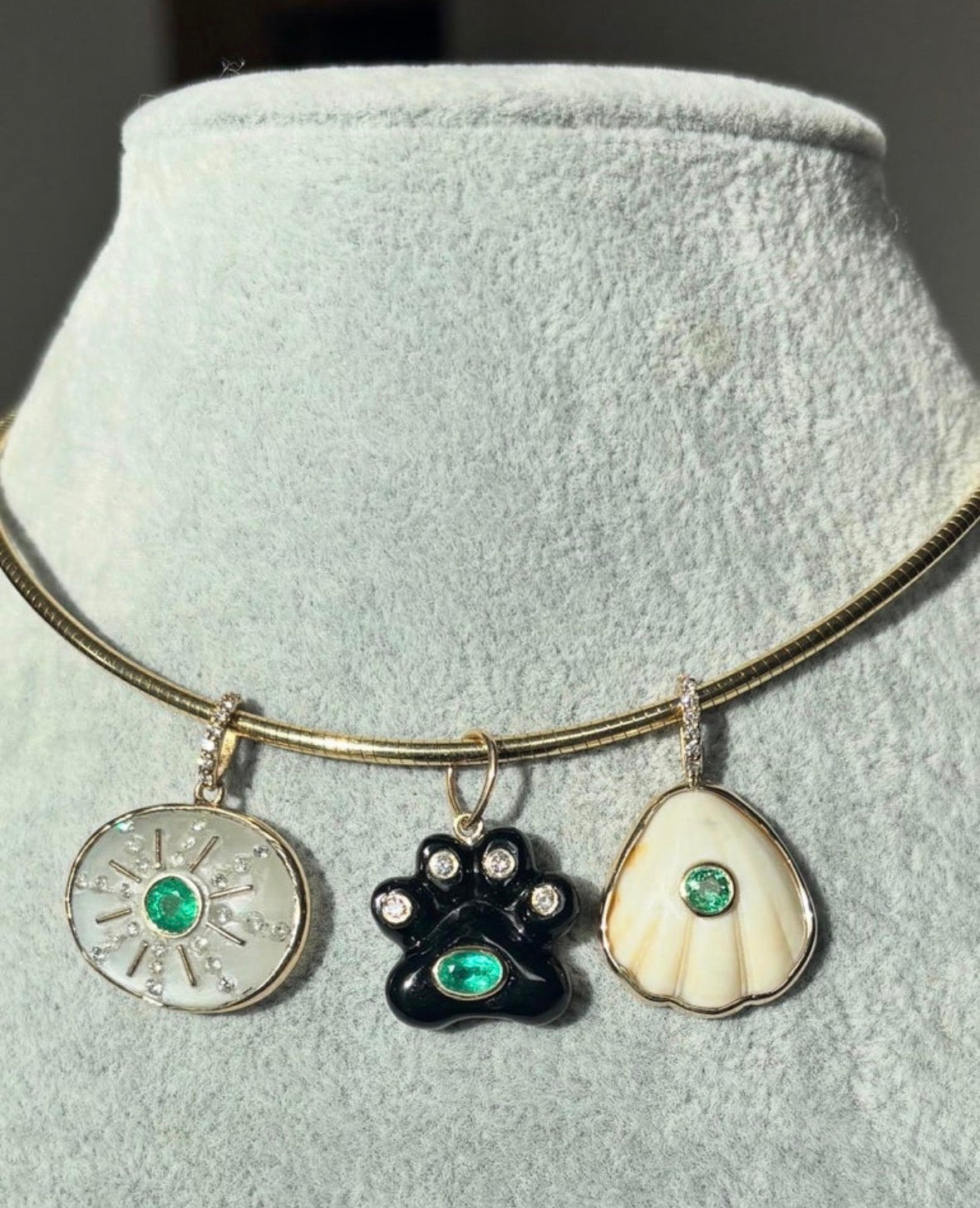 Dog Paw Pendant, Black Onyx with Emerald and Diamonds