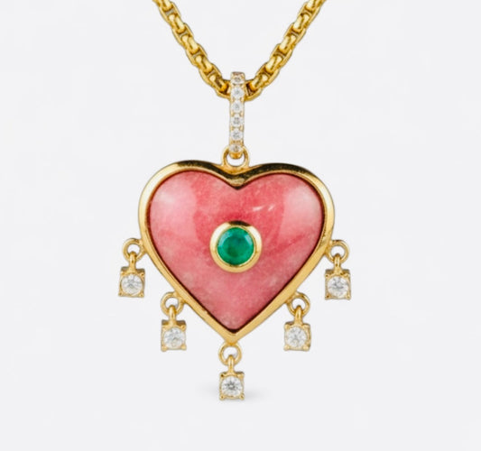 Rhodochrosite Heart with Emerald & Diamonds