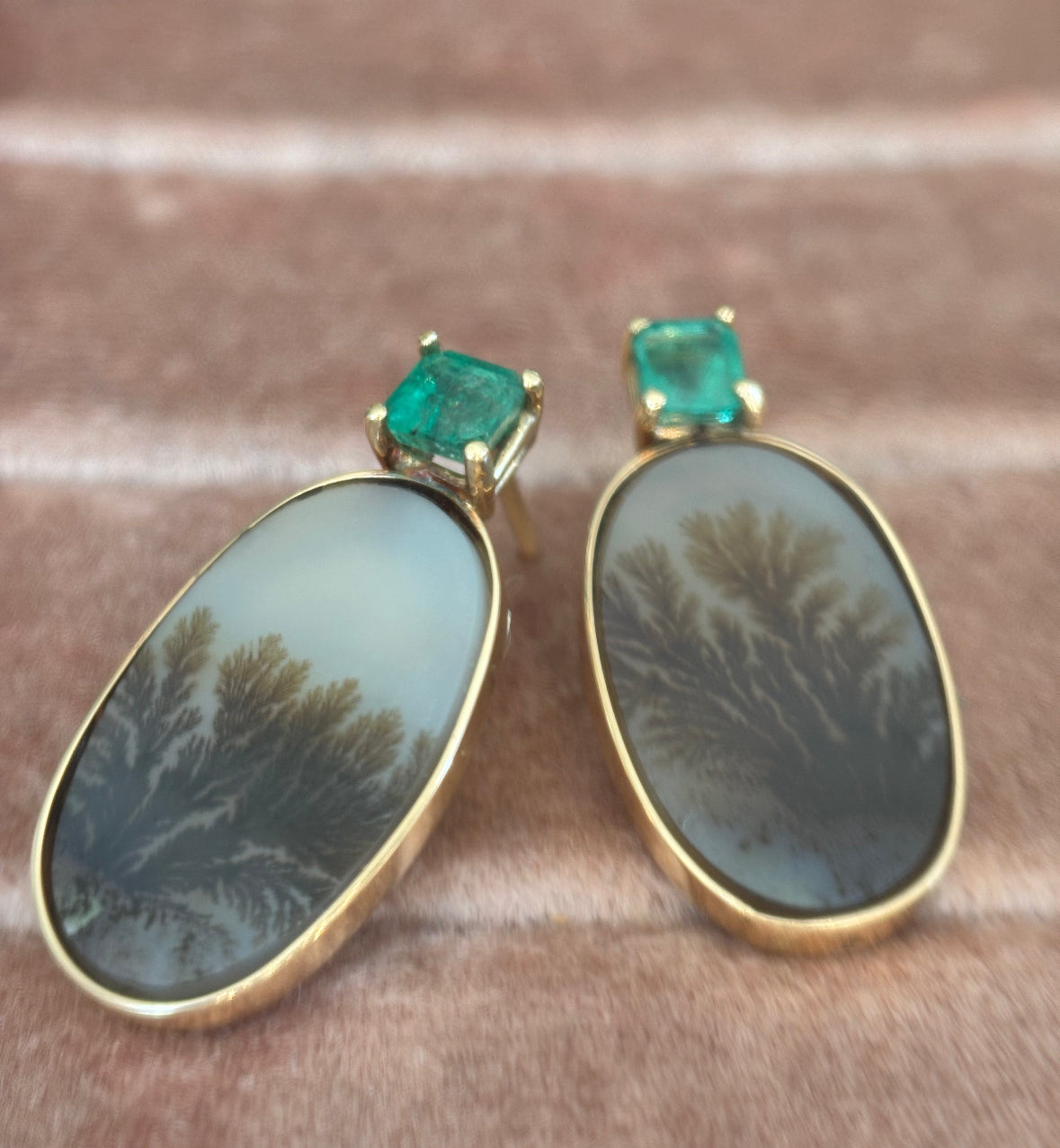 Dendritic Agate Earrings with Emeralds