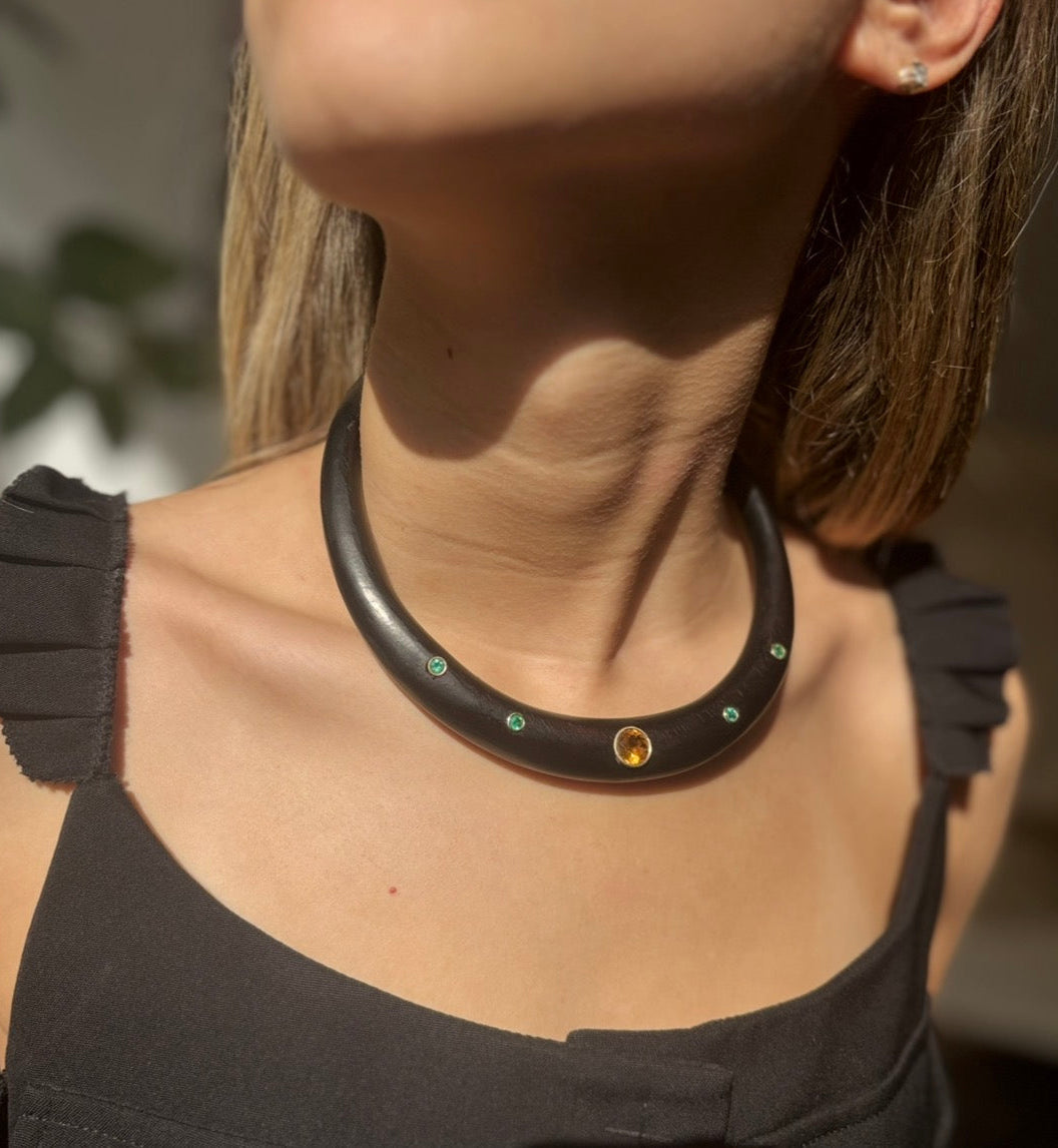 Wood Collar with Citrine & Emeralds