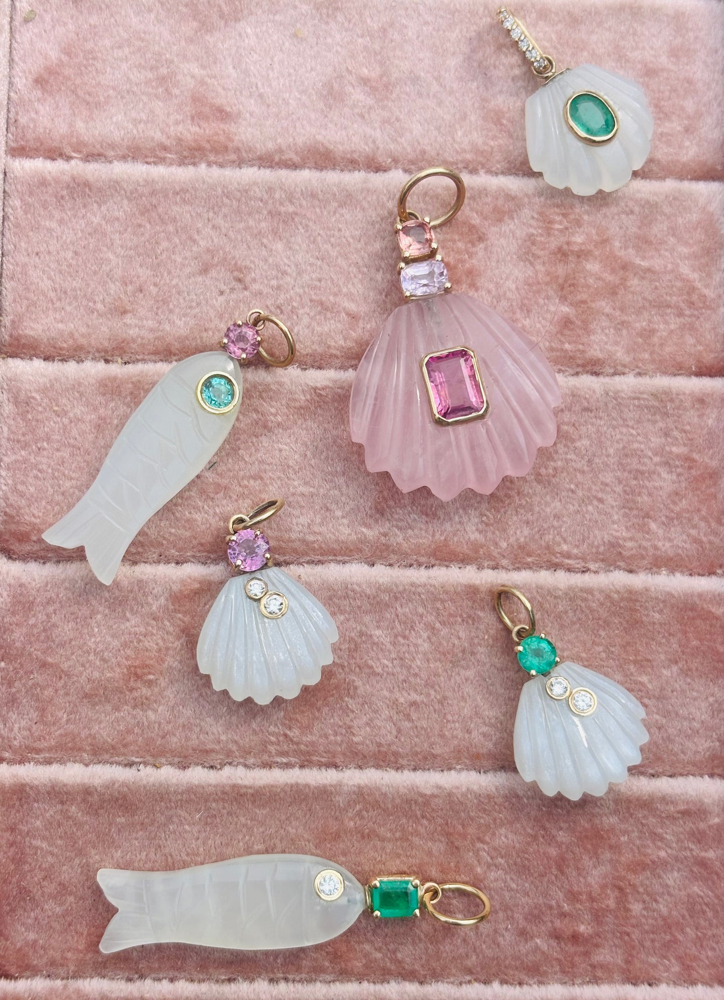 Moonstone Sea Shell Pendant with Diamonds and Pink Spinel