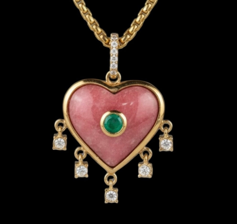 Rhodochrosite Heart with Emerald & Diamonds
