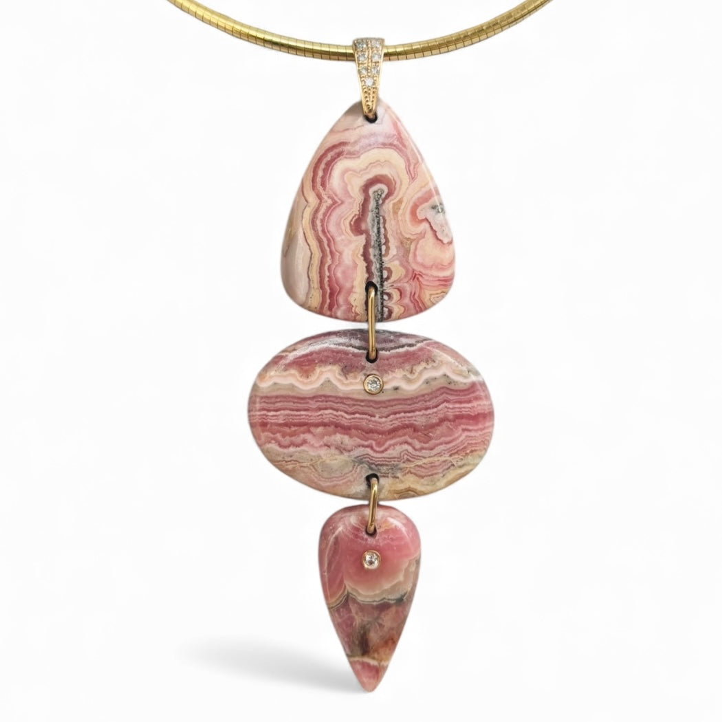 Rhodochrosite Triple Pendant with Diamonds