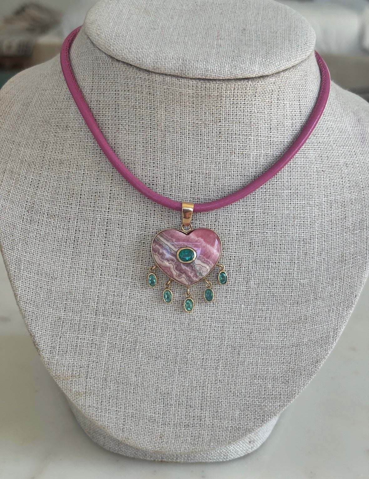 Rhodochrosite Large Heart Pendant with Emeralds