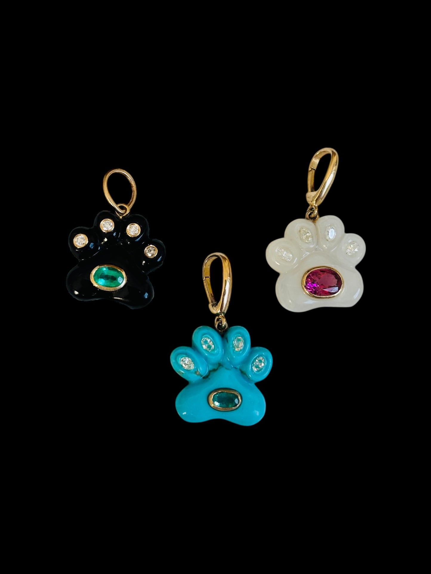 Dog Paw Pendant, Black Onyx, Diamonds & Emerald
