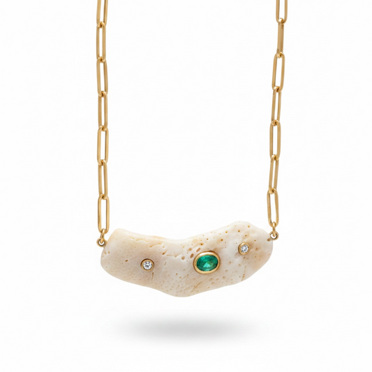 Shell Necklace with Emerald and Diamonds, Paperclip Chain