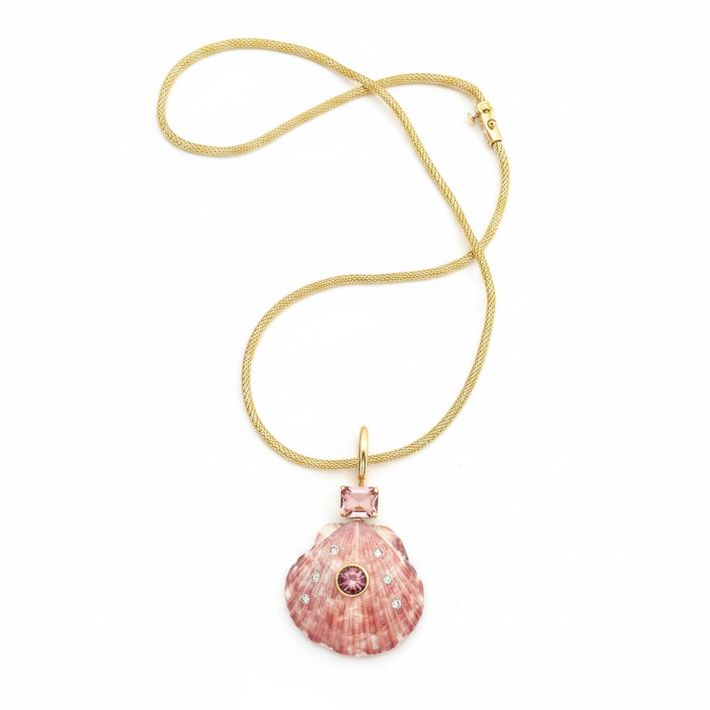 Shell Pendant with Pink Tourmaline & Diamonds
