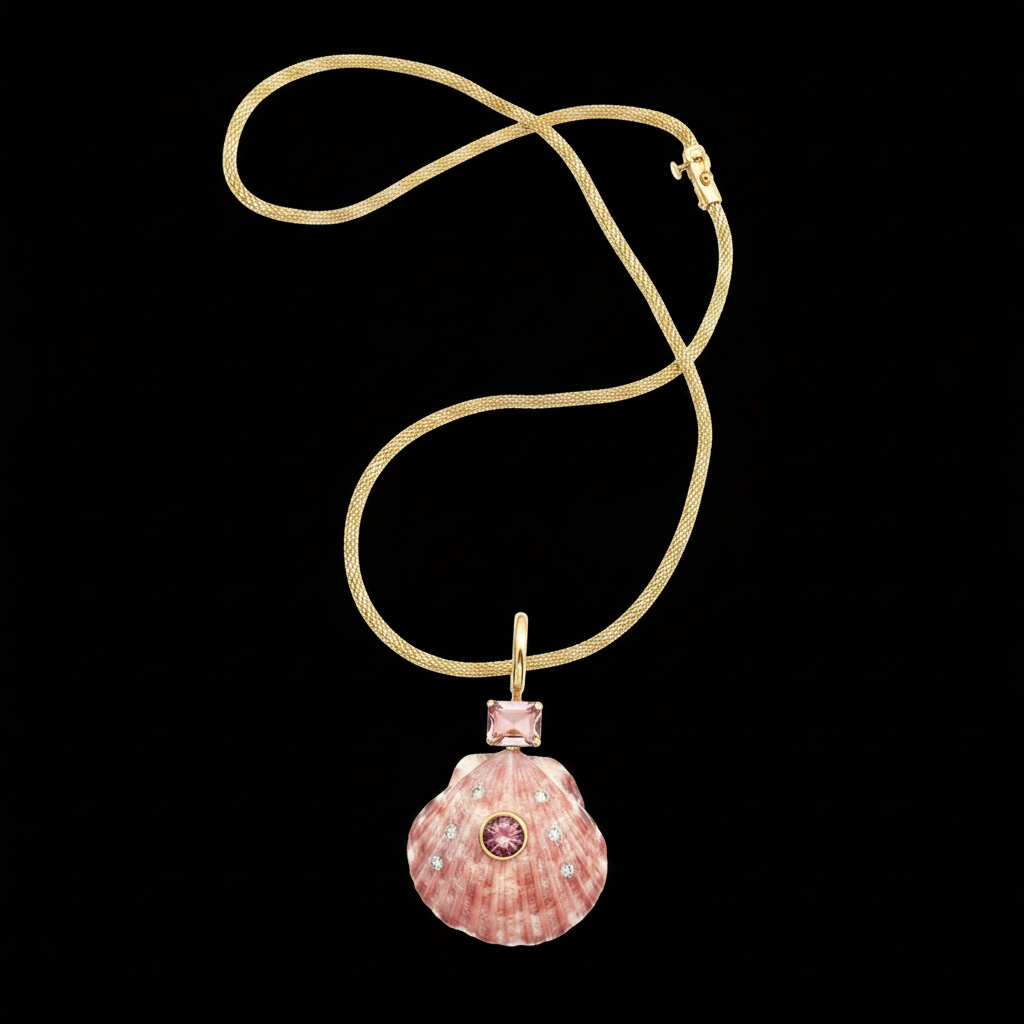 Shell Pendant with Pink Tourmaline & Diamonds
