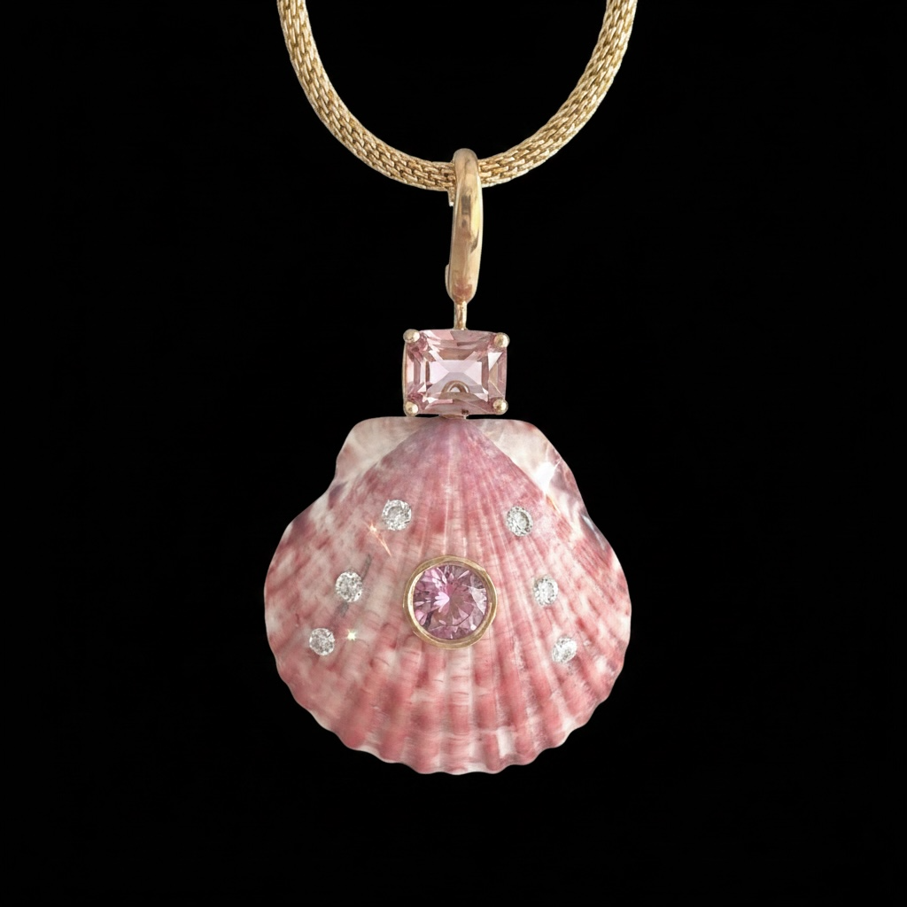 Shell Pendant with Pink Tourmaline & Diamonds