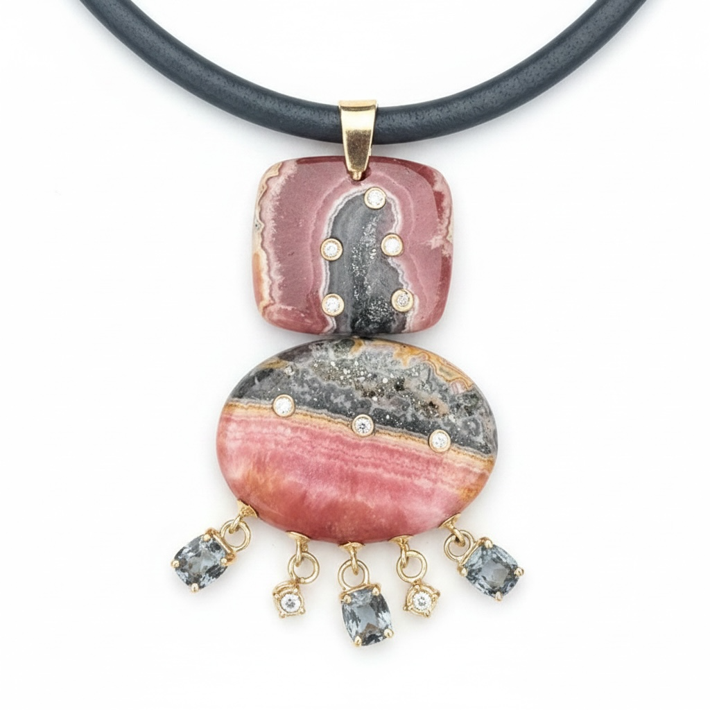 Rhodochrosite Double Pendant with Diamonds & Spinel