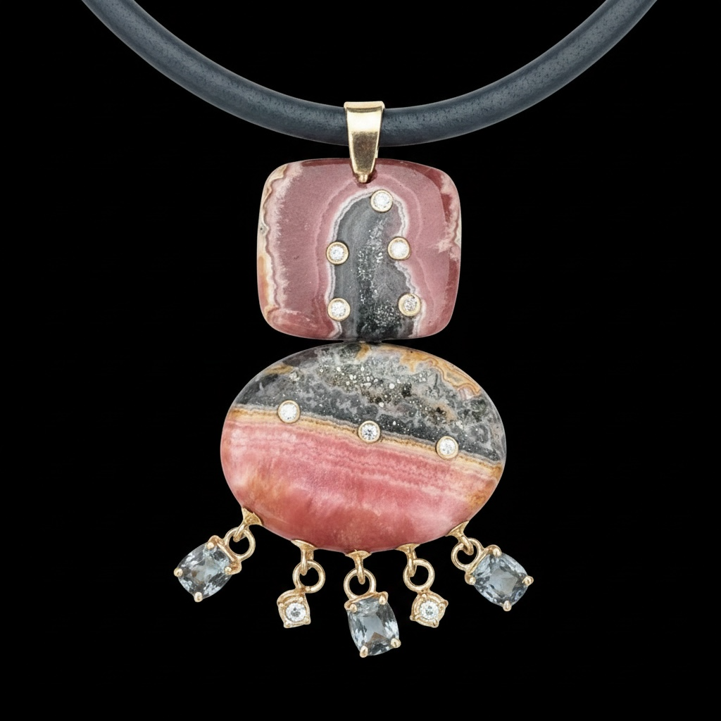 Rhodochrosite Double Pendant with Diamonds & Spinel