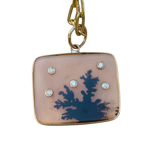 Dendritic Agate Pendant, with Five Diamonds