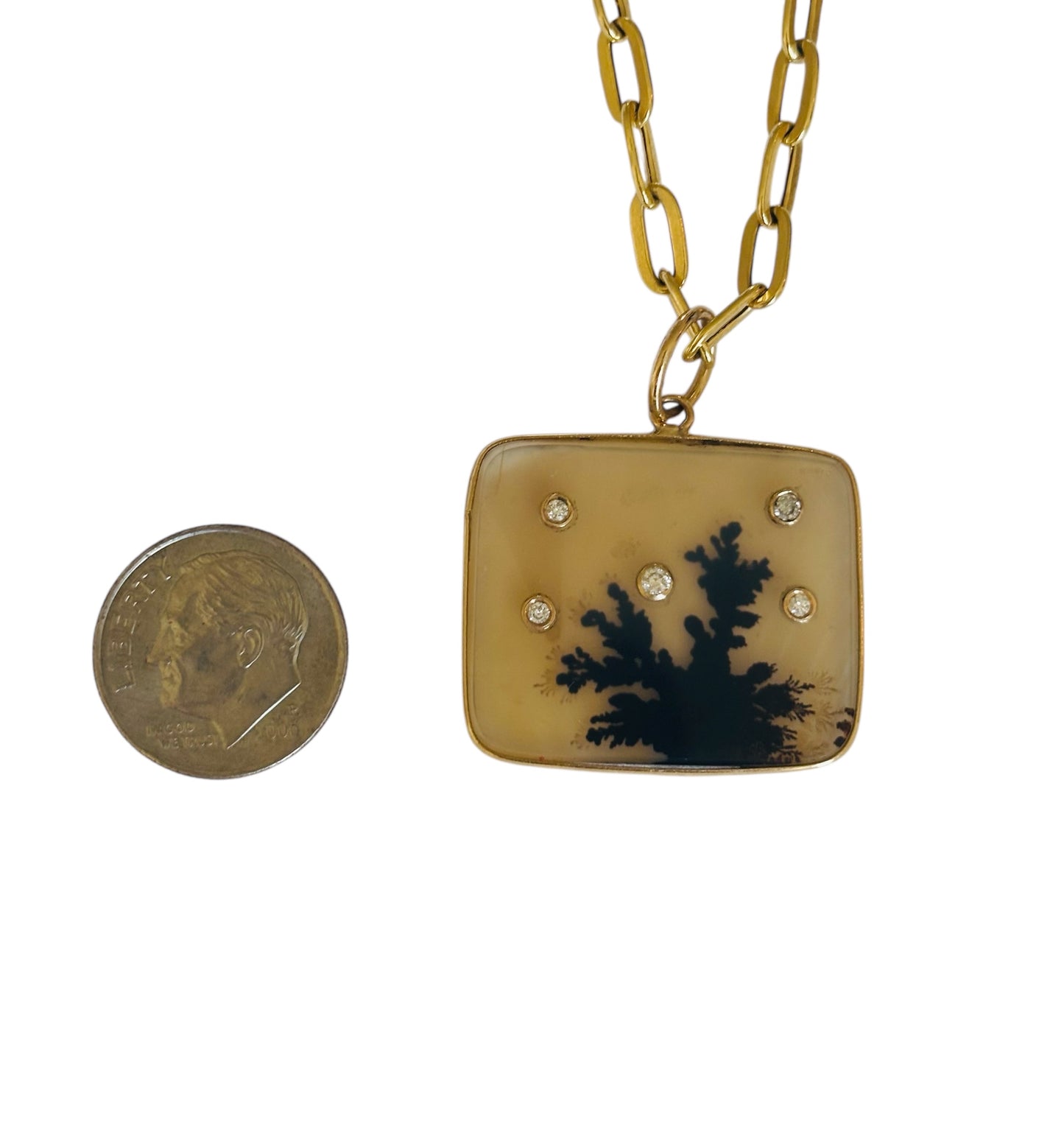Dendritic Agate Pendant, with Five Diamonds