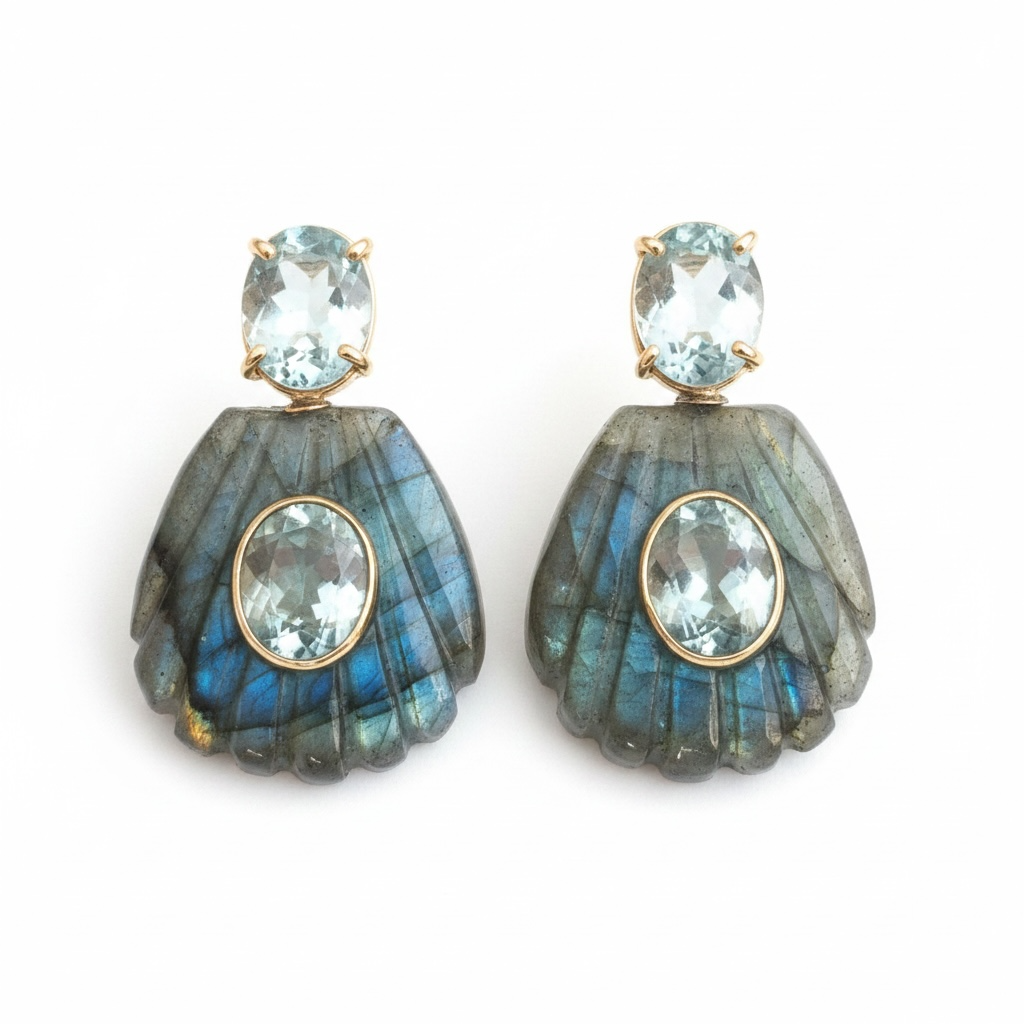 Labradorite Shell Earrings with Sky Blue Topaz