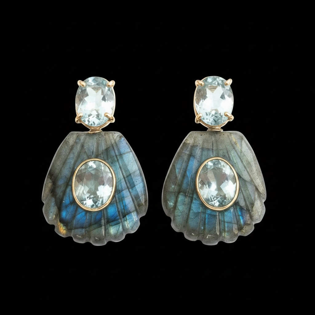 Labradorite Shell Earrings with Sky Blue Topaz