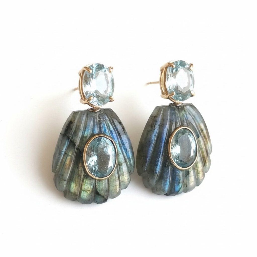 Labradorite Shell Earrings with Sky Blue Topaz