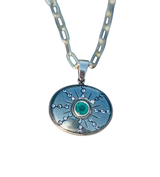 SOL Pendant, Pyrite, Emerald & Diamonds