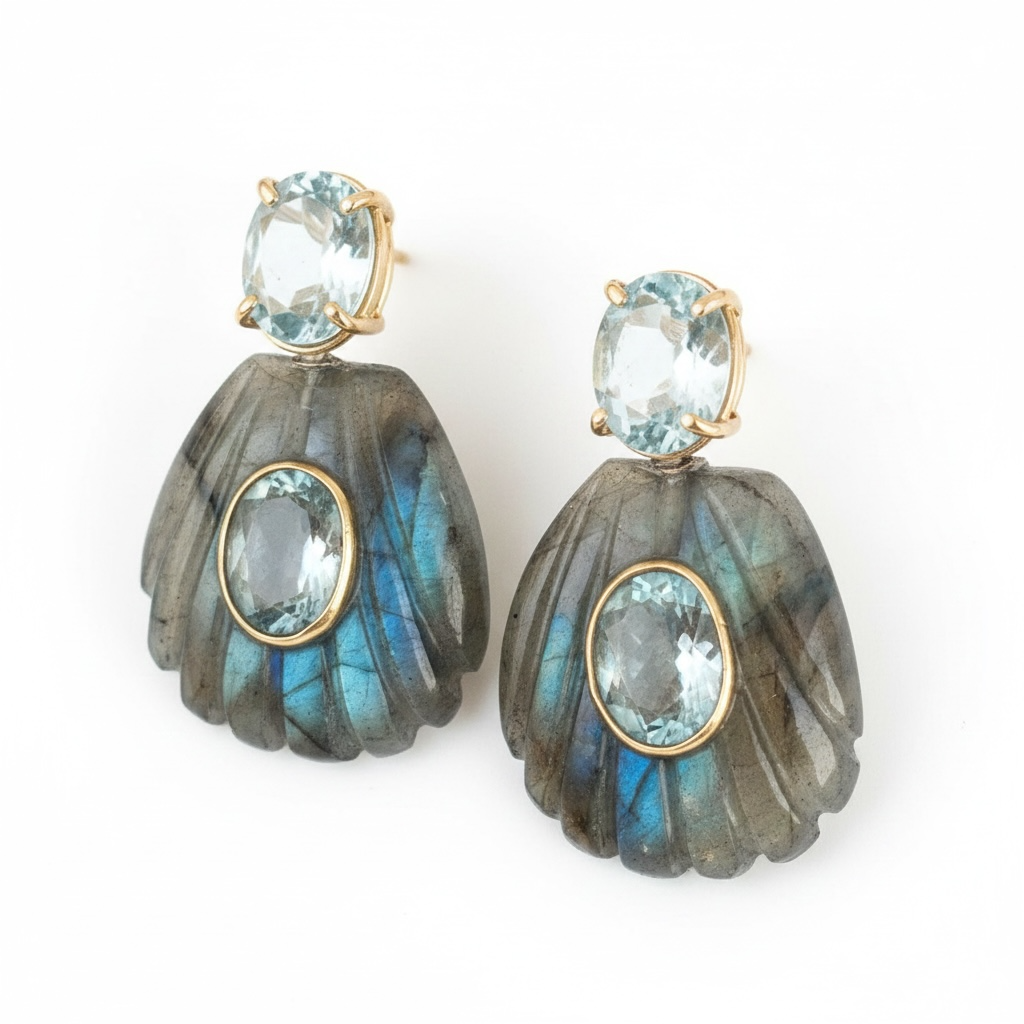Labradorite Shell Earrings with Sky Blue Topaz