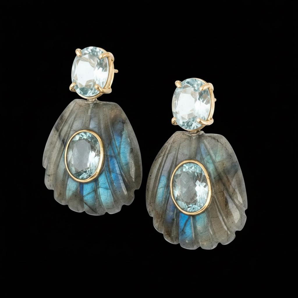 Labradorite Shell Earrings with Sky Blue Topaz