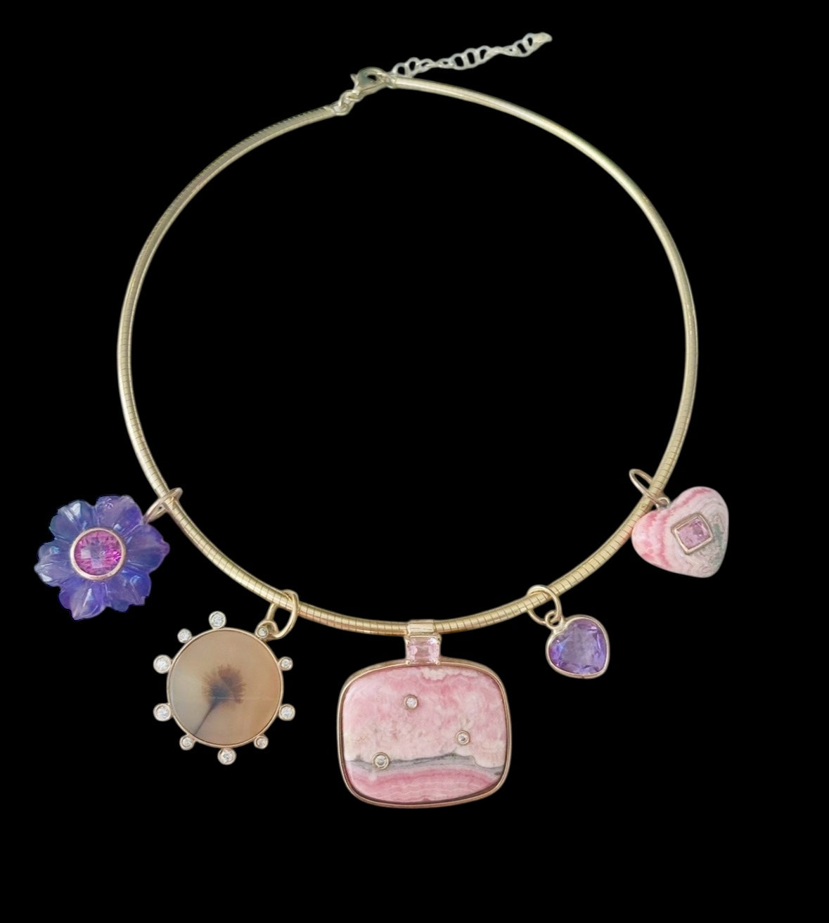 Rhodochrosite Heart Charm with Pink Spinel on a Pyrite Necklce