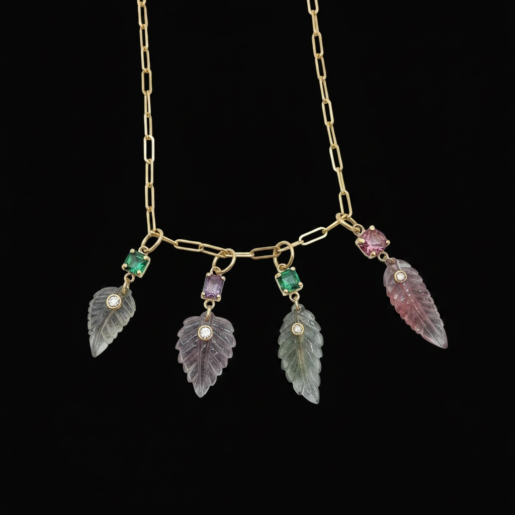 Tourmaline Leaf Pendant with Diamond, Green with touch of Pink at Tip