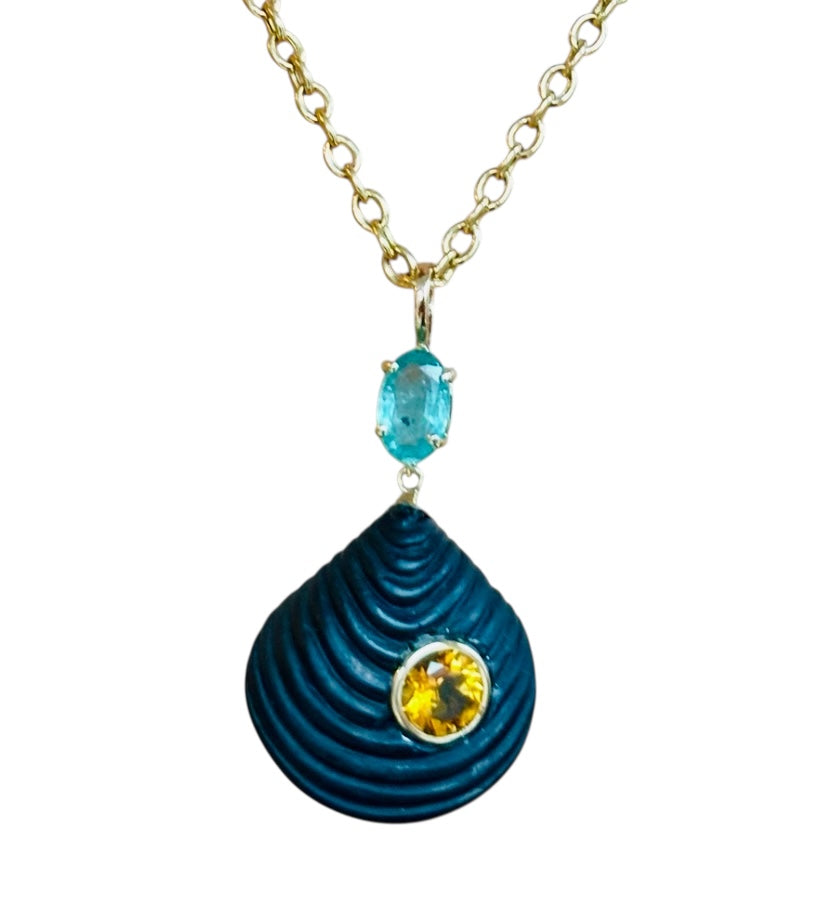 Carved Shell, Matte Black Onyx with Citrine & Emerald