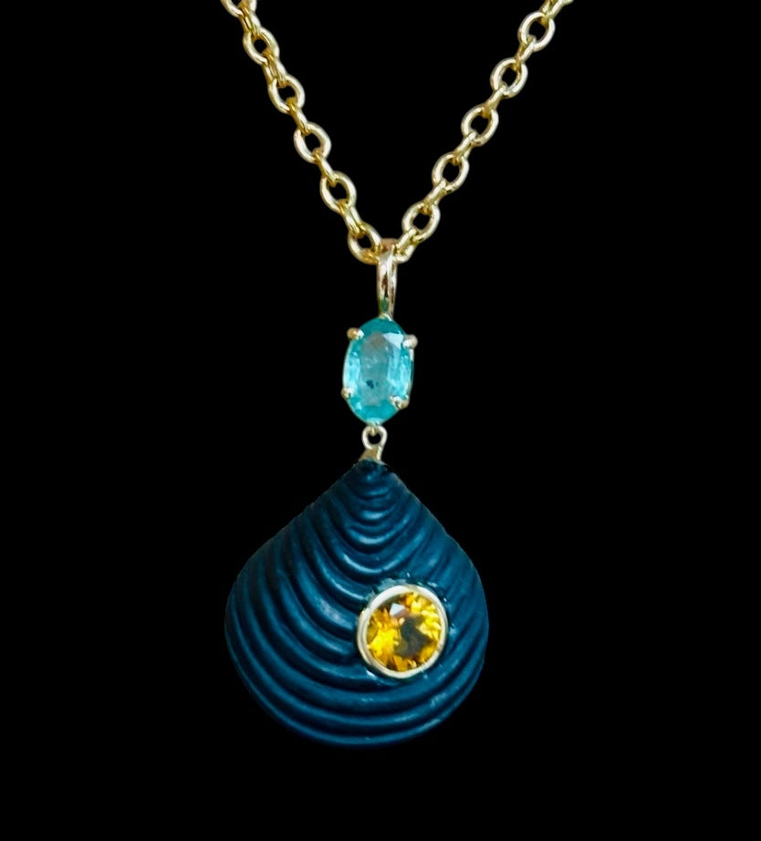 Carved Shell, Matte Black Onyx with Citrine & Emerald