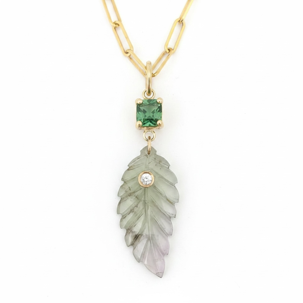 Tourmaline Leaf Pendant with Diamond, Green with touch of Pink at Tip