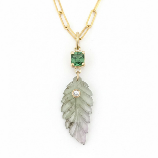 Tourmaline Leaf Pendant with Diamond, Green with touch of Pink at Tip