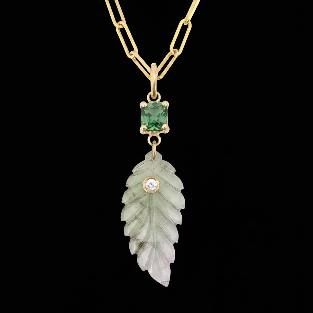 Tourmaline Leaf Pendant with Diamond, Green with touch of Pink at Tip