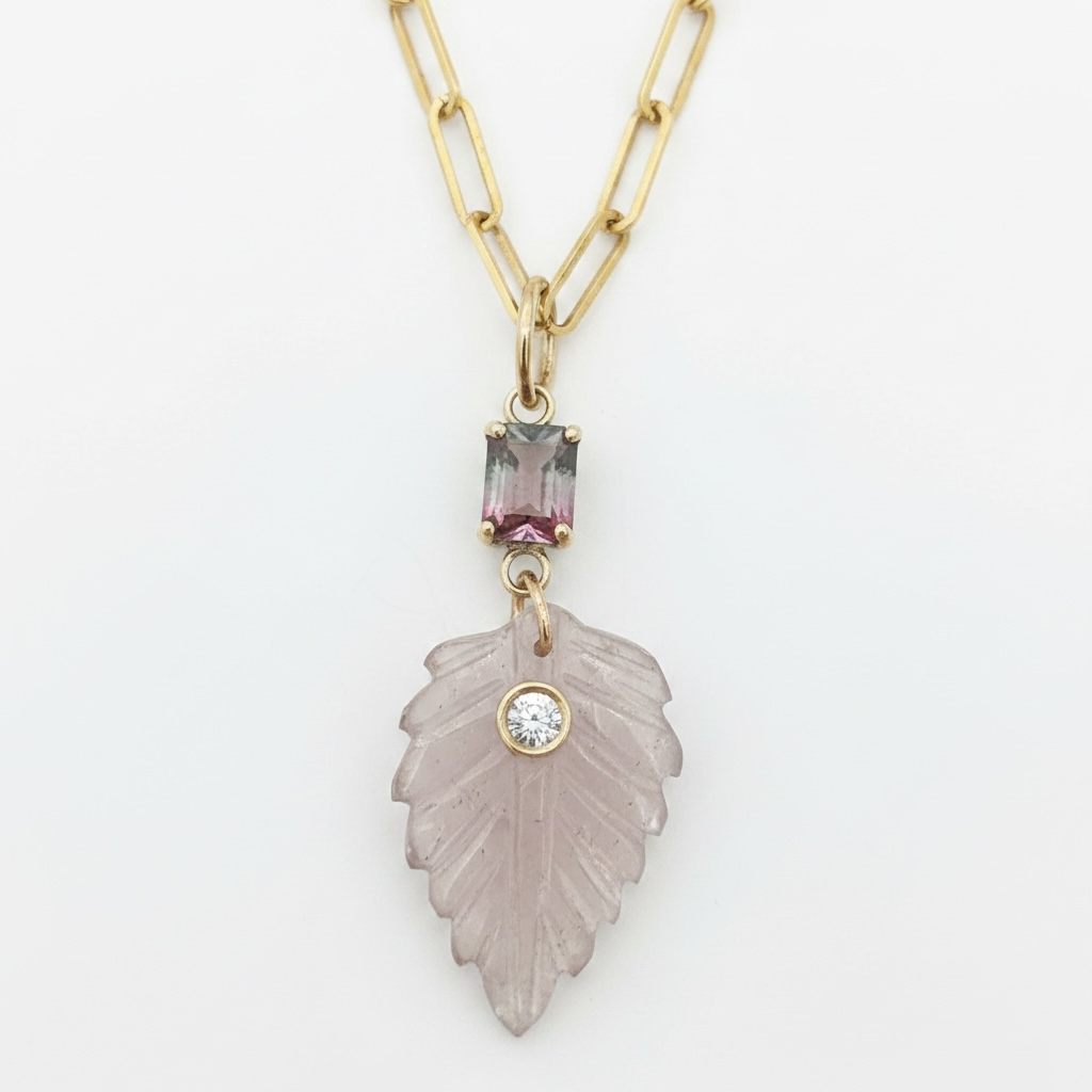 Tourmaline Leaf Pendant with Diamond, Pink & Grey