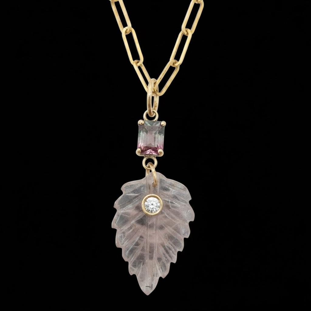 Tourmaline Leaf Pendant with Diamond, Pink & Grey