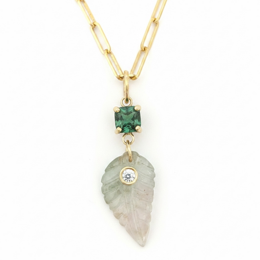 Tourmaline Leaf Pendant with Diamond, Green with Pink at Tip