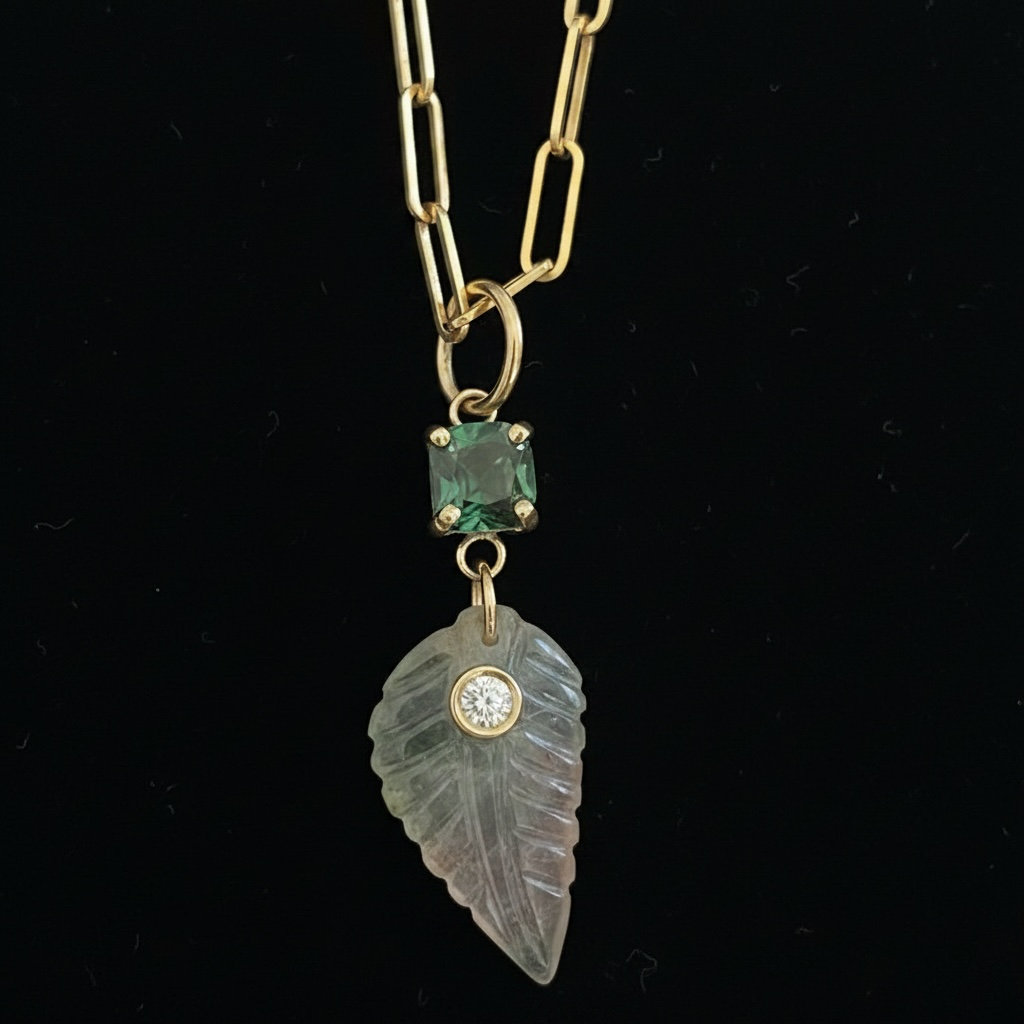 Tourmaline Leaf Pendant with Diamond, Green with Pink at Tip