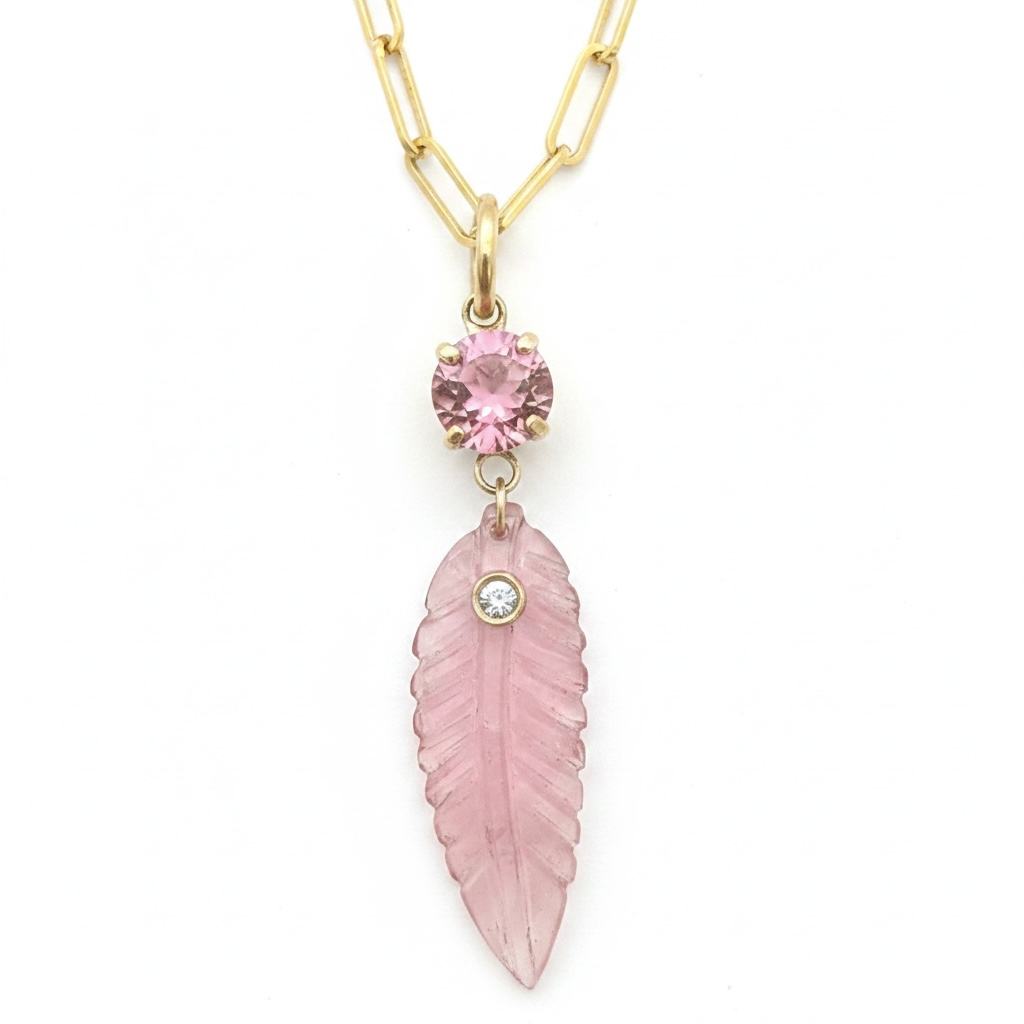 Tourmaline Leaf Pendant with Diamond, Pink