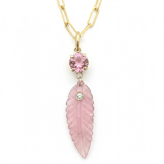 Tourmaline Leaf Pendant with Diamond, Pink