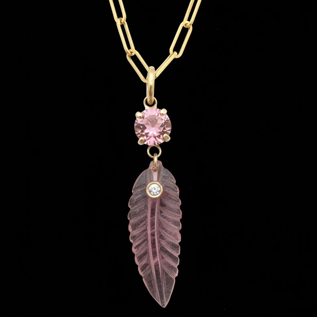 Tourmaline Leaf Pendant with Diamond, Pink