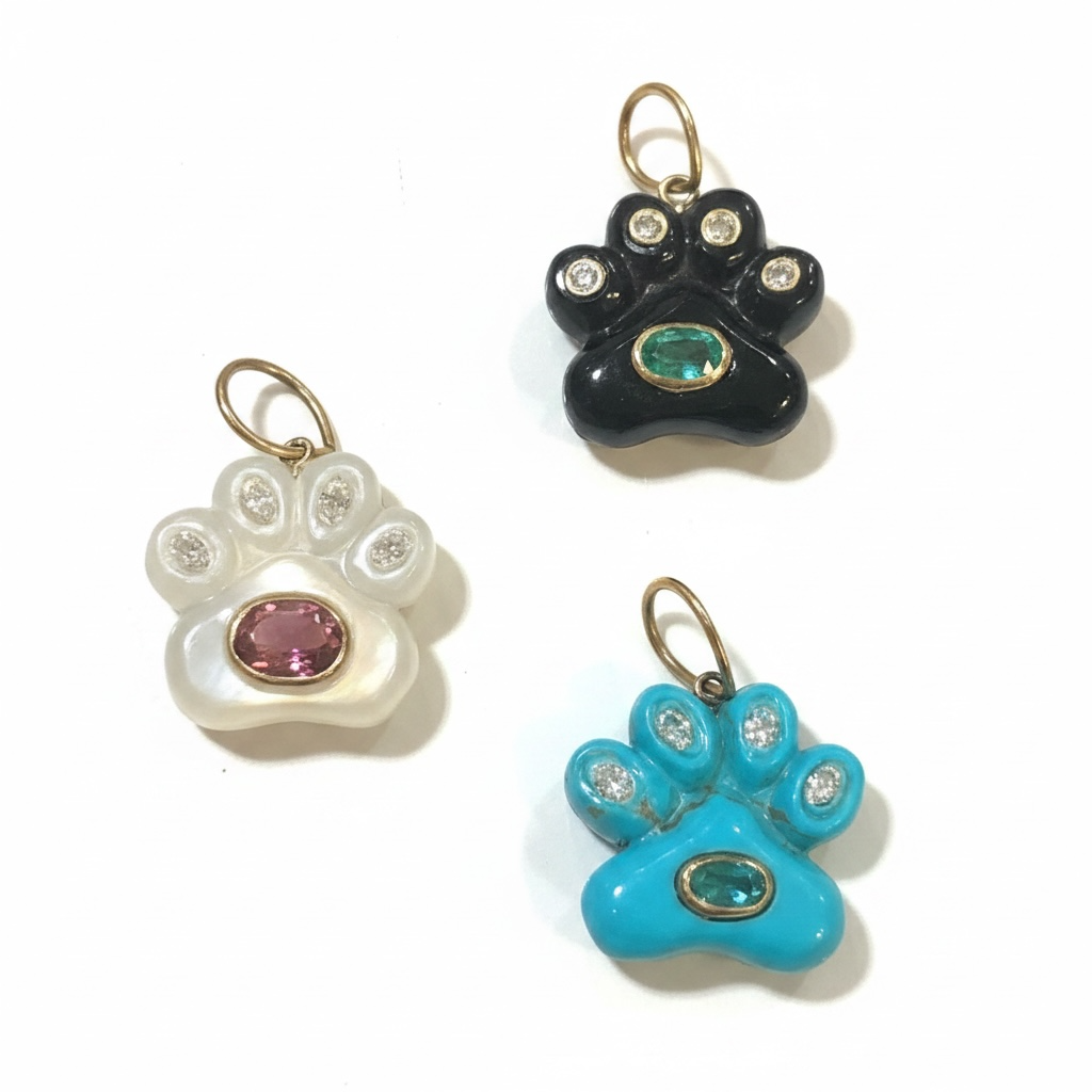 Dog Paw Pendant, Black Onyx with Emerald and Diamonds
