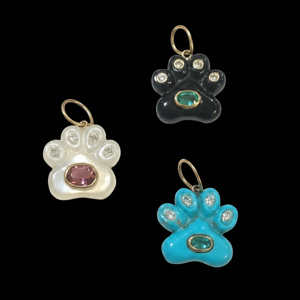 Dog Paw Pendant, Black Onyx with Emerald and Diamonds