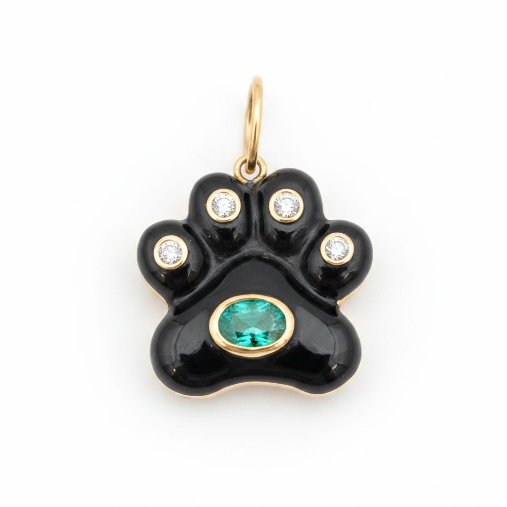 Dog Paw Pendant, Black Onyx with Emerald and Diamonds