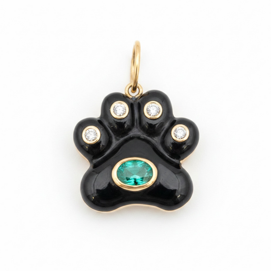 Dog Paw Pendant, Black Onyx with Emerald and Diamonds