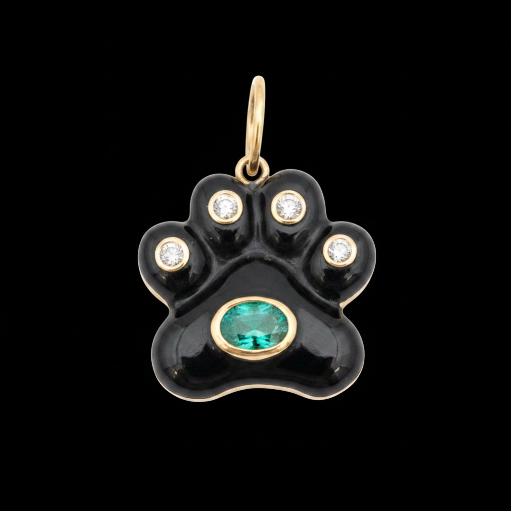 Dog Paw Pendant, Black Onyx with Emerald and Diamonds
