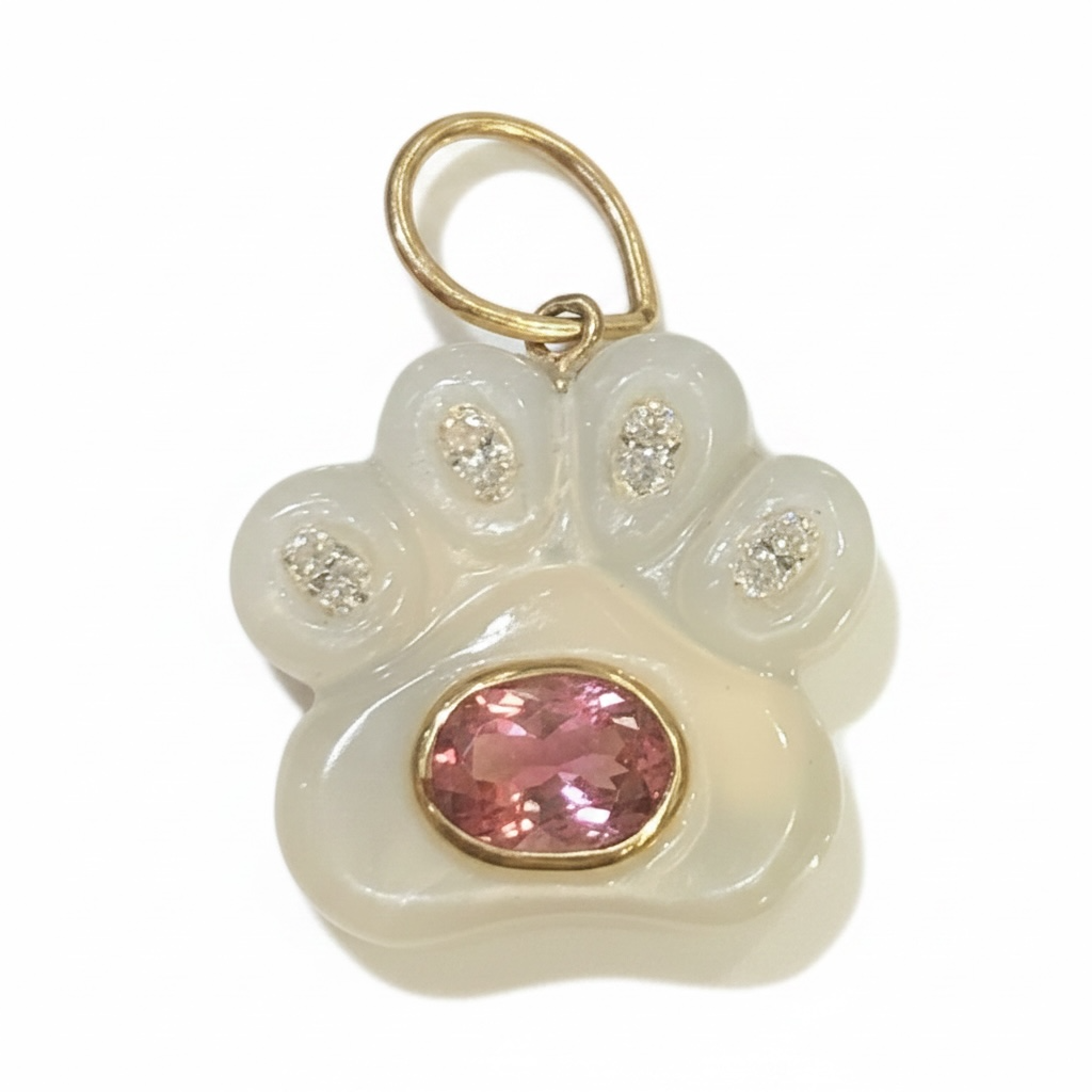 Dog Paw Pendant, Moonstone with Diamonds and Pink Tourmaline