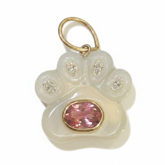 Dog Paw Pendant, Moonstone with Diamonds and Pink Tourmaline