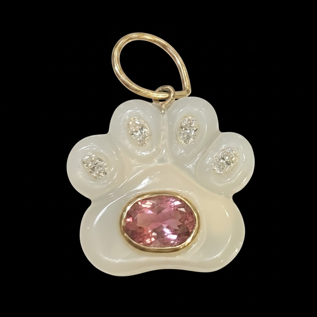 Dog Paw Pendant, Moonstone with Diamonds and Pink Tourmaline