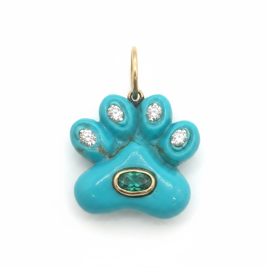 Dog Paw Pendant, Turquoise with Diamonds & Emerald