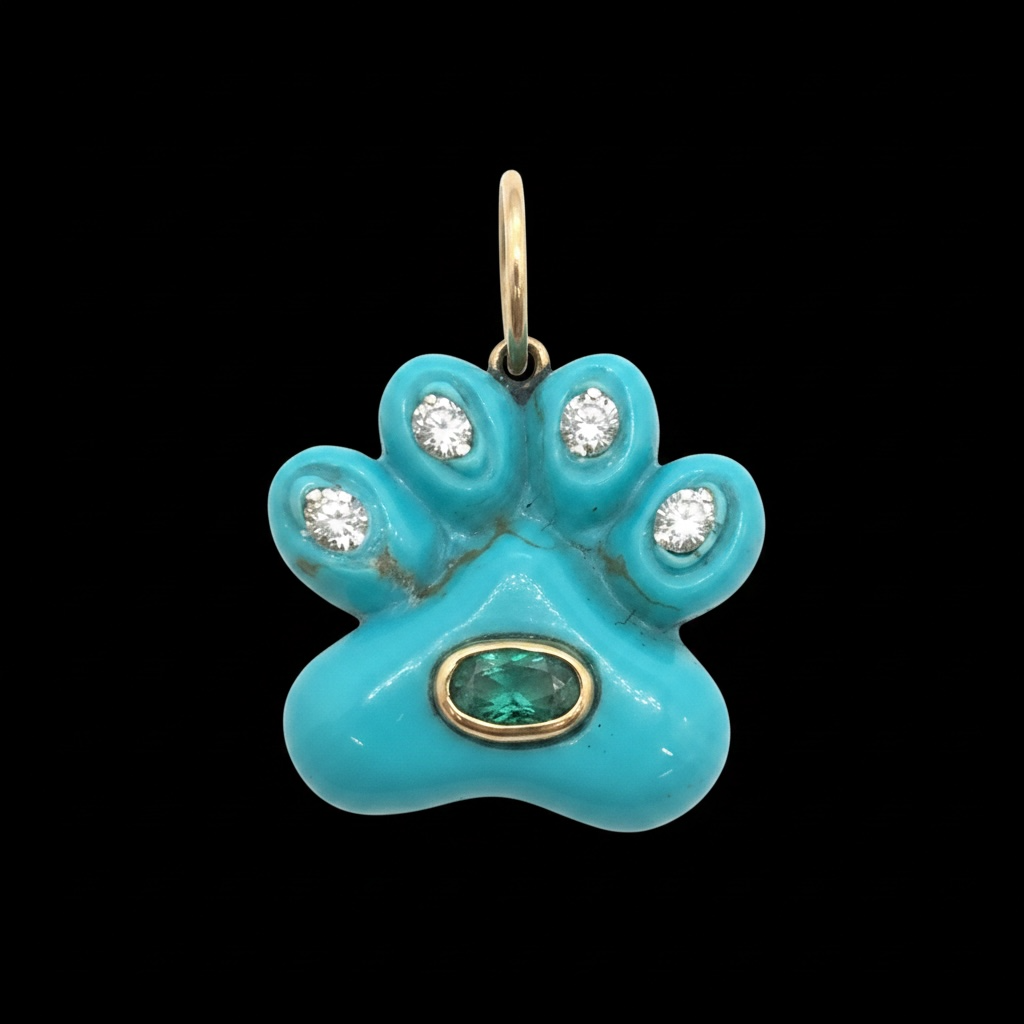 Dog Paw Pendant, Turquoise with Diamonds & Emerald