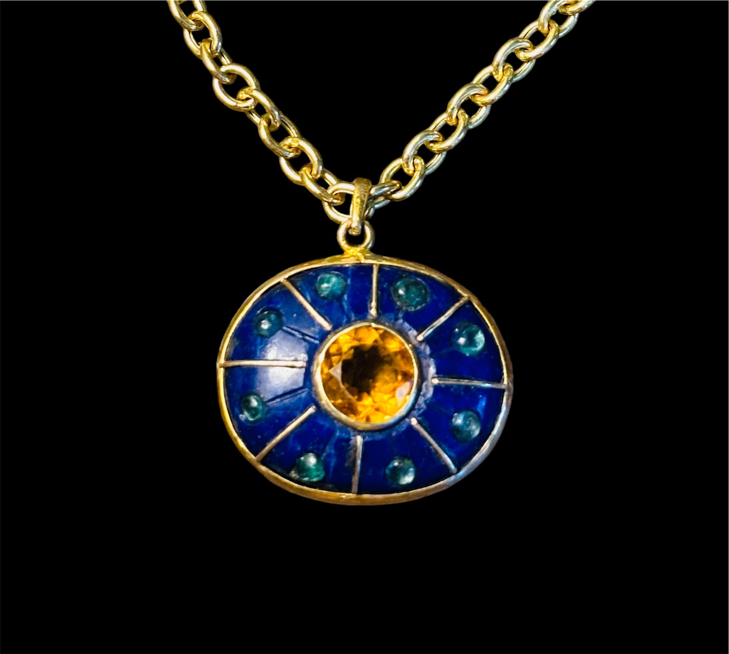 S O L Pendant, lapis, citrine, emeralds and gold