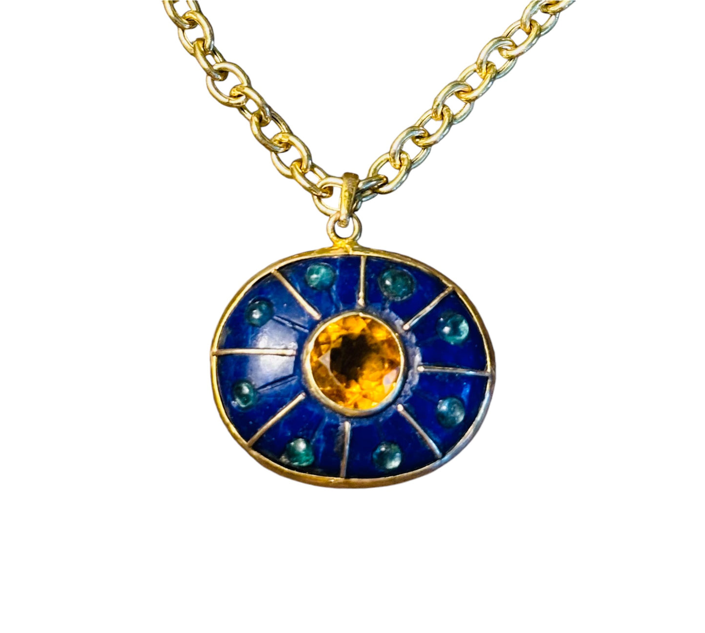 S O L Pendant, lapis, citrine, emeralds and gold